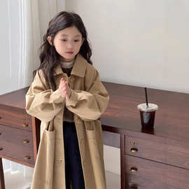 女童风衣女孩春秋新款女童洋气时髦春装英伦风女大童长款大衣外套