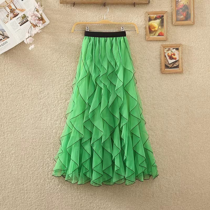 Autumn New wave pattern fairy mesh ruffled skirt high waist A- line large swing long skirt women's skirt