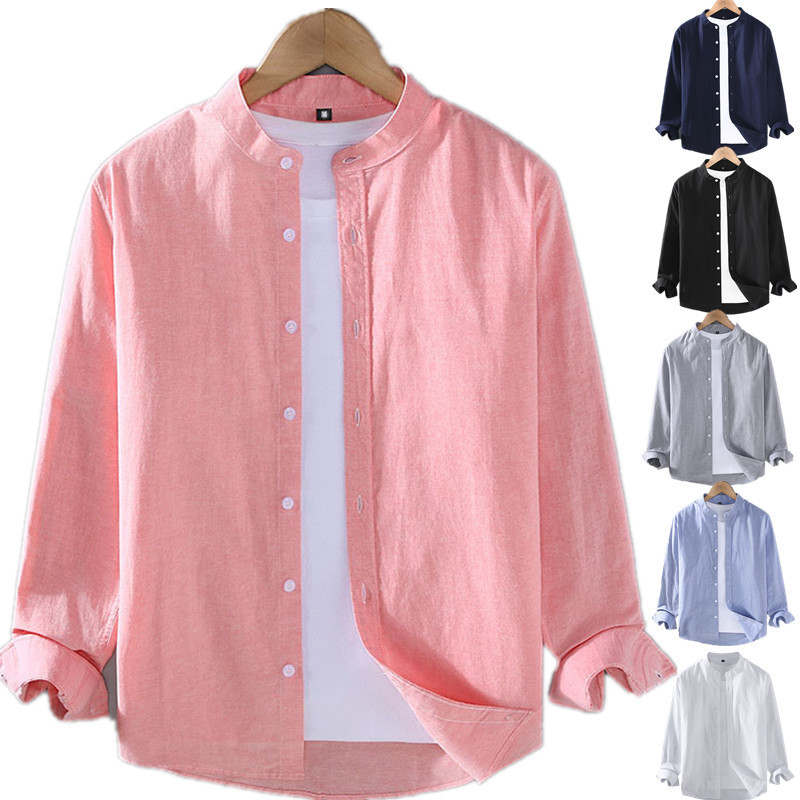 2023 Export Men's Shirt Pure Color Long-Sleeved Henry Collar Shirt Spring and Autum Casual Linen Shirt for Men