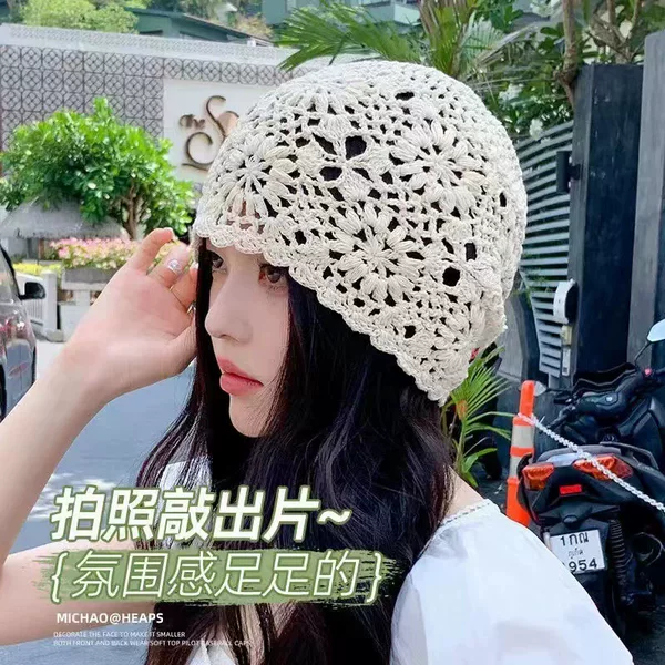 Spring and Summer Thin Handmade Knitted Hat for Women, Hollow Crochet Wool Hat, Sweet and Artistic, Face-Slimming Small Turban Beanie