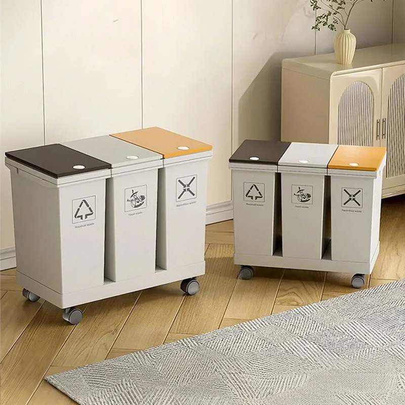 Japanese-Style 60L Three-Category Trash Can for Kitchen, Large Capacity Dry and Wet Separation Waste Bin with Wheels, Movable Trash Bin