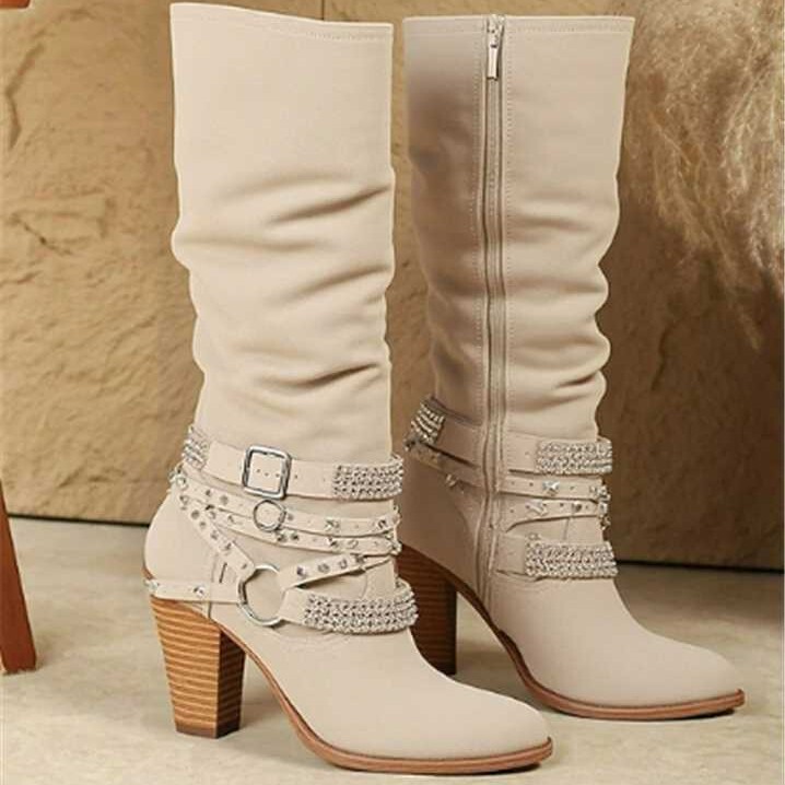 Cross-Border New Export Large Size Pleated Women's Boots 40-43 Belt Buckle Rivet Thick Heel High Wish Knight Boots