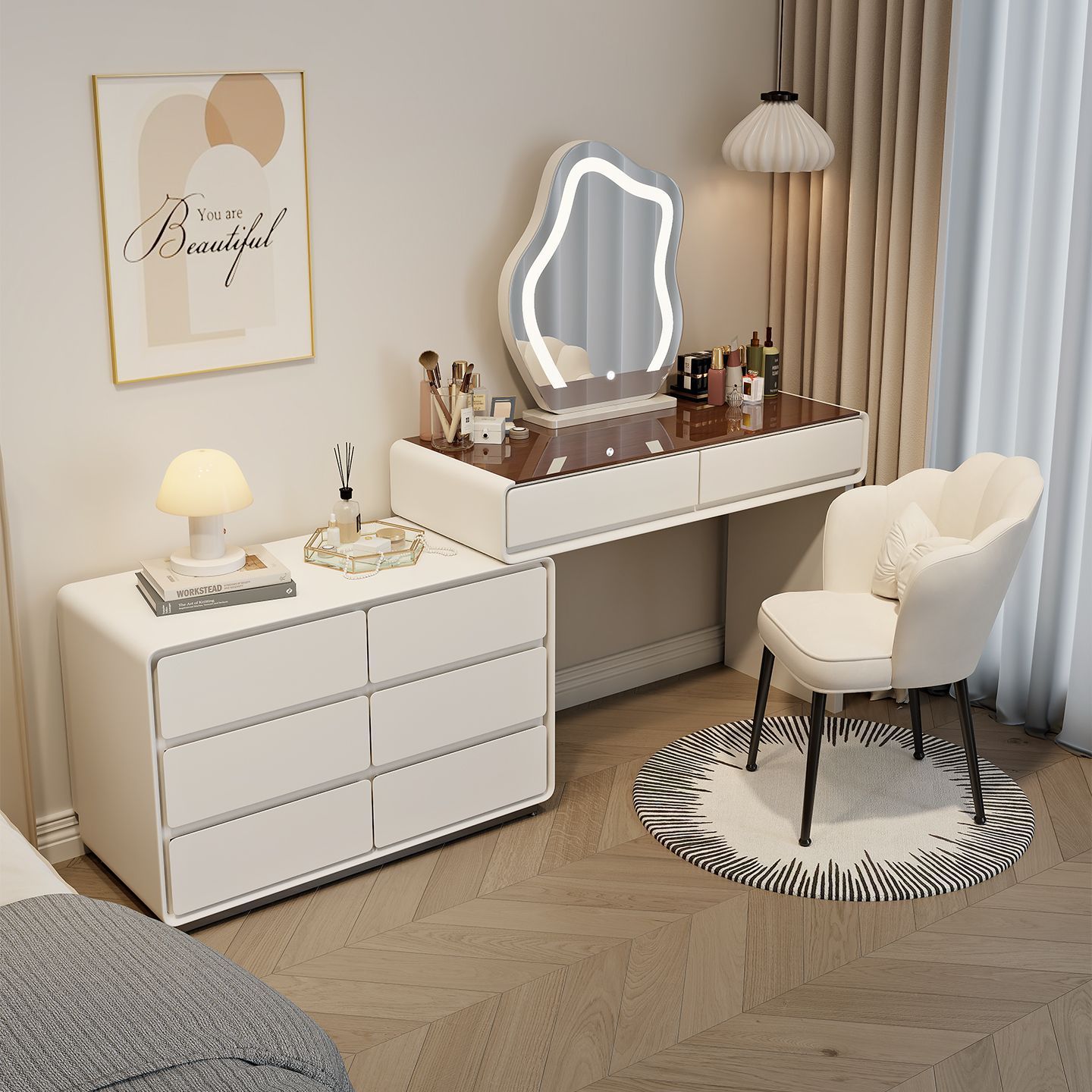 New Style Solid Wood Glass Dressing Table, Modern Simple Dresser, Integrated Bedside Storage Cabinet, Small Apartment Makeup Table