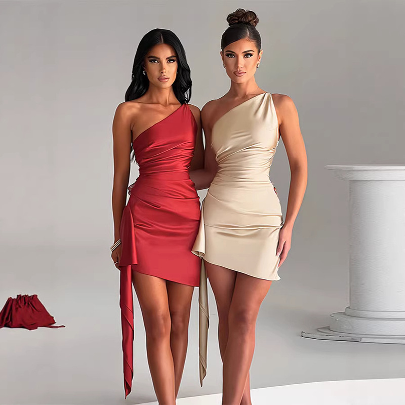 In-Stock American-Style Cross-Border New Off-Shoulder Sleeveless Ruched Ribbon Slim Sexy Satin Short Evening Dress