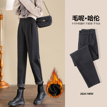 黑色毛呢西装裤女秋冬新款高腰加厚垂感显瘦直筒休闲八九分小脚裤