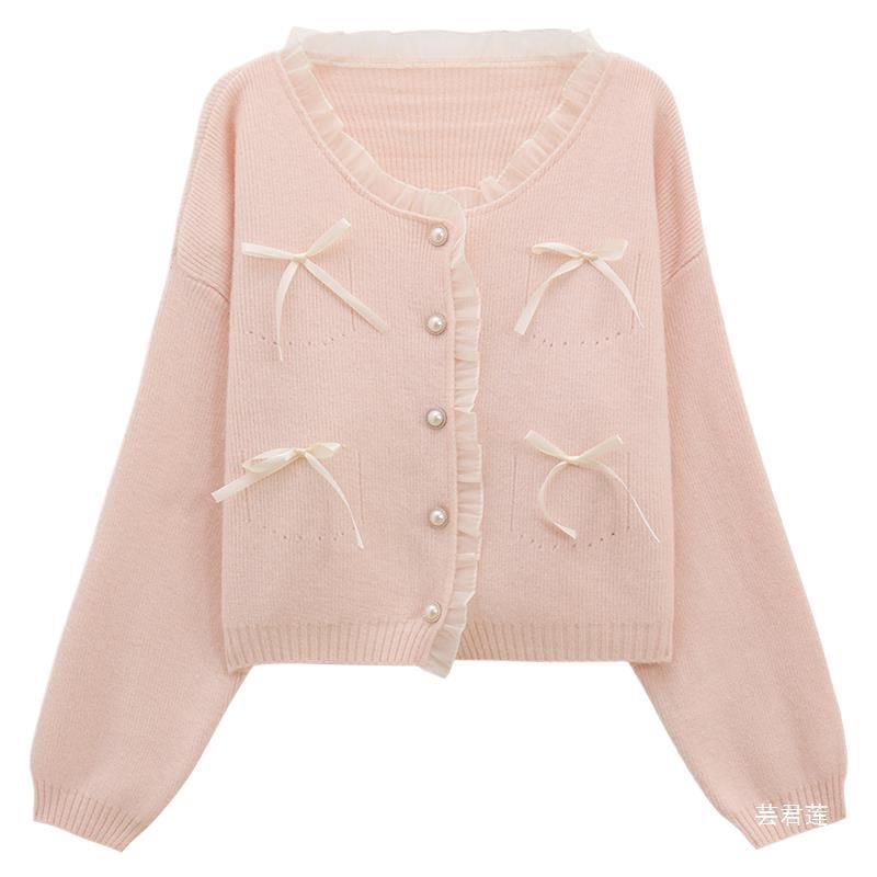 6011  달콤한 핑크 레이스 바느질 스웨터 카디건 여성의 가을 새 활 느슨한 짧은 니트 탑