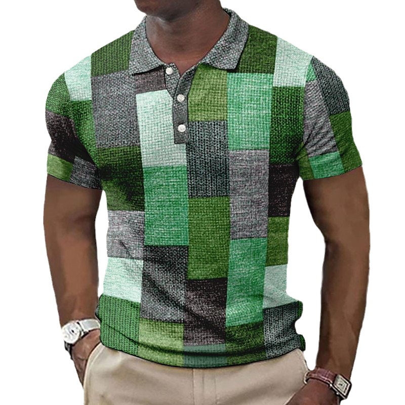 Botón de los hombres camisa polo a cuadros patrón solapa moda 3D Impresión digital moda urbana suelta casual