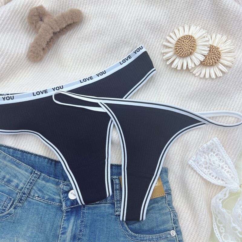 [Two-Piece Combination] Casual Pure Color Thong Women's Thin Strap Bikini Cut Out Cotton T-Pants Sexy High Cut