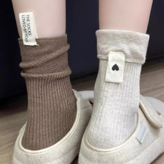 春夏韩版ins后跟布标小腿袜粗线针织竖条纯色松弛感百搭堆堆袜女