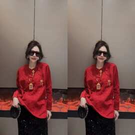 新中式国潮风衬衫女2025春季提花襟盘扣唐装衬衣开叉长袖亮片裙套