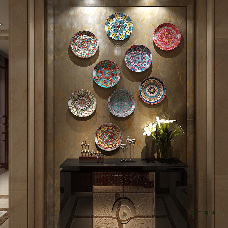 Bohemian Style Ceramic Decorative Hanging Plate, Living Room Sofa Background Wall Decoration, American Accessible Luxury Restaurant Wall Decoration