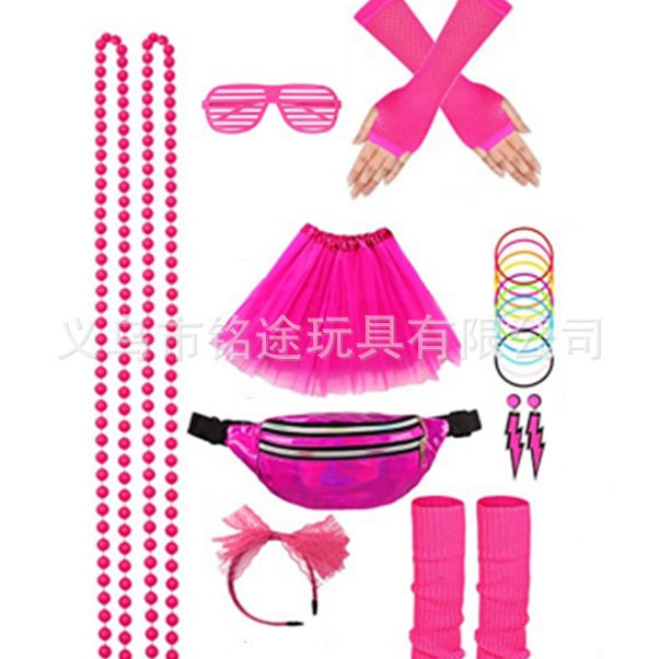 Traje de la década de 1980 fiesta de baile hebilla en la cabeza gafas cadena de cuentas rodilleras falda aretes traje de los 80