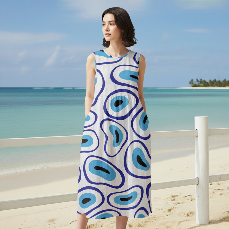 Cross-Border New Style Women's Vacation Casual Long Dress Hawaiian Women's Vest Elegant Sleeveless Printed Loose Dress