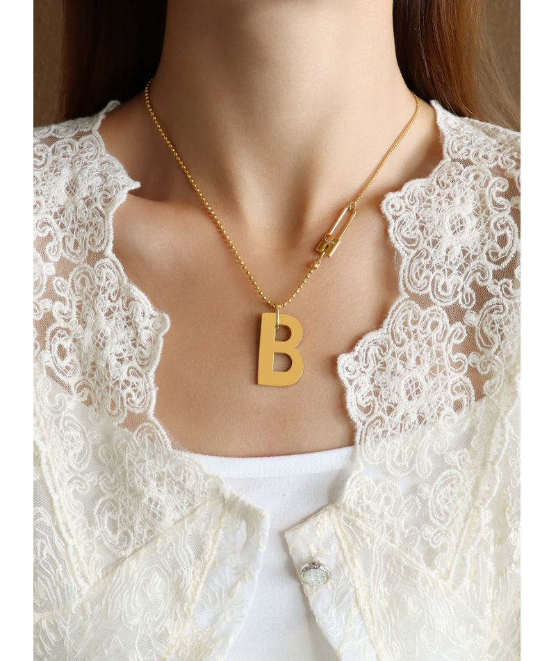 ins cold wind exaggerated letter B stitching pin lock necklace titanium steel plated real gold letter clavicle chain_voghion.com