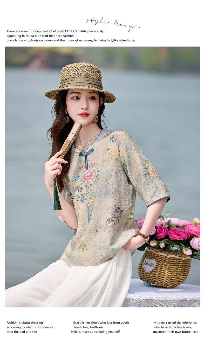 Bộ quần áo nữ hai mảnh sơ mi thêu họa tiết quốc phong kết hợp quần ống đứng MM6617 — xanh lam, Màu hồng chi tiết 23