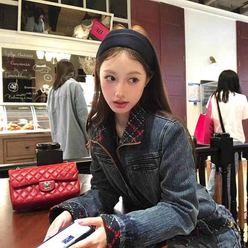 板栗可可Bankelili中古唱片 重磅水洗做旧格纹撞色翻领牛仔棉服|undefined