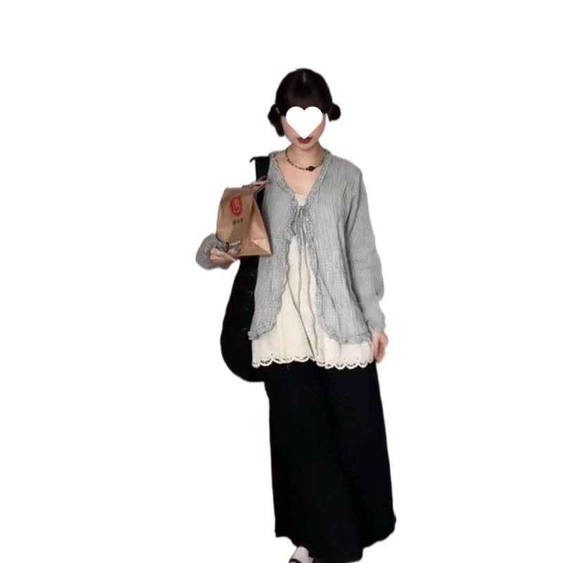 2025年夏季新款韩穿搭套装女复古格子系带罩衫吊带休闲裤三件套潮|undefined