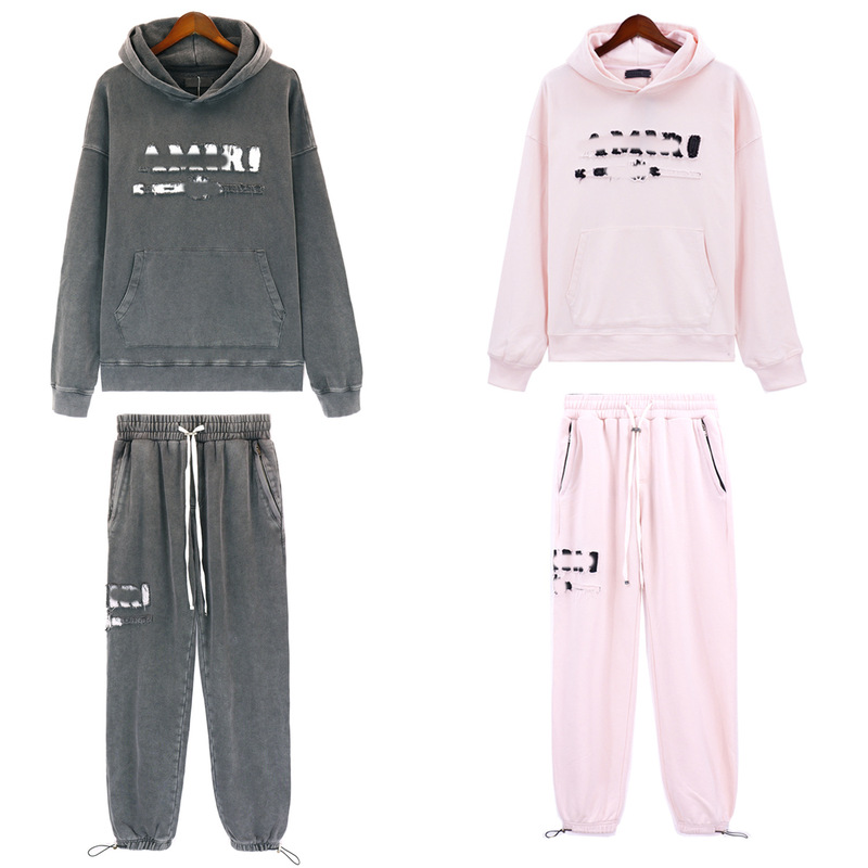 Sweatshirt Set 2023 Correct Version Amiri Hand-Worned Tassel Letter Pants Casual Washed Sweatshirt