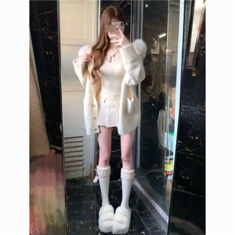 慵懒毛领连帽毛衣外套女秋冬新款加厚软糯宽松温柔风针织开衫上衣|undefined