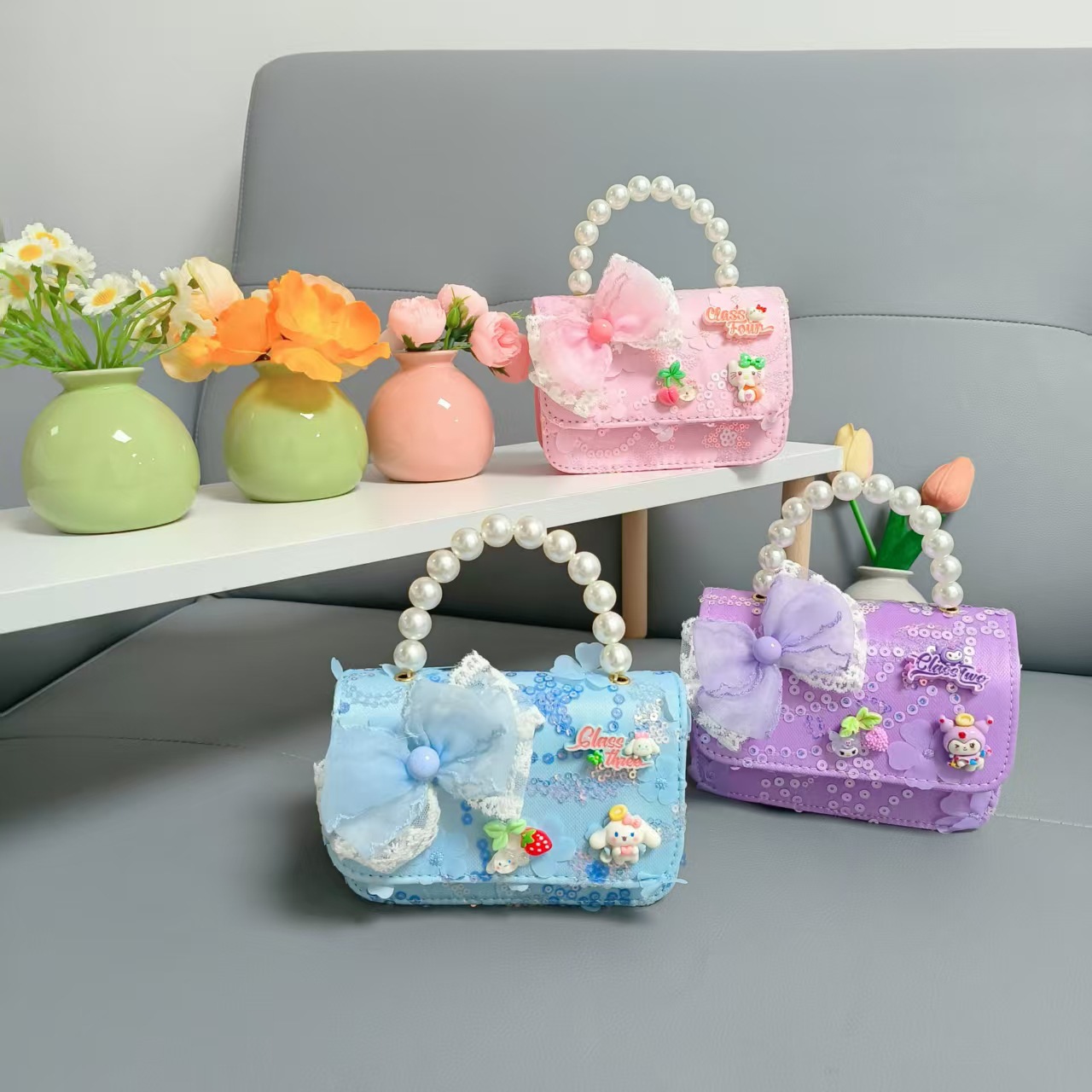 Niños perlas bolsos portátiles de princesa arco de mariposa Kullomi cadenas bolsos de Año Nuevo de chicas pequeñas bolsas de mochila de viento fragante