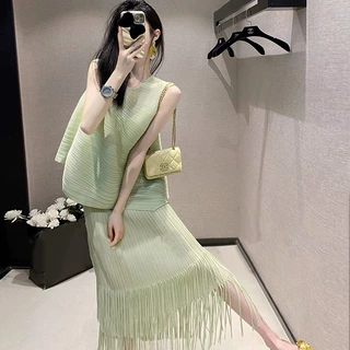 三宅2024年夏季时尚套装女洋气甜美套头斜摆背心上衣流苏半身裙