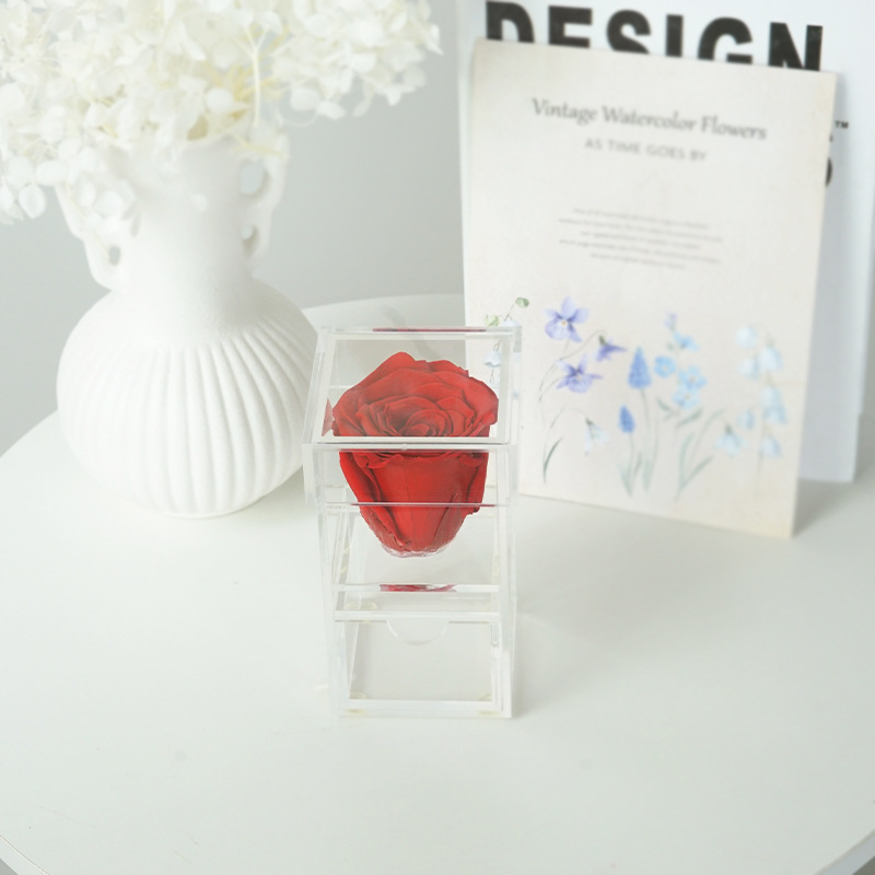 Amazon suministro de comercio exterior flor eterna acrílico 1 Agujero con cajón caja de almacenamiento Rosa caja de flores caja de regalo al por mayor