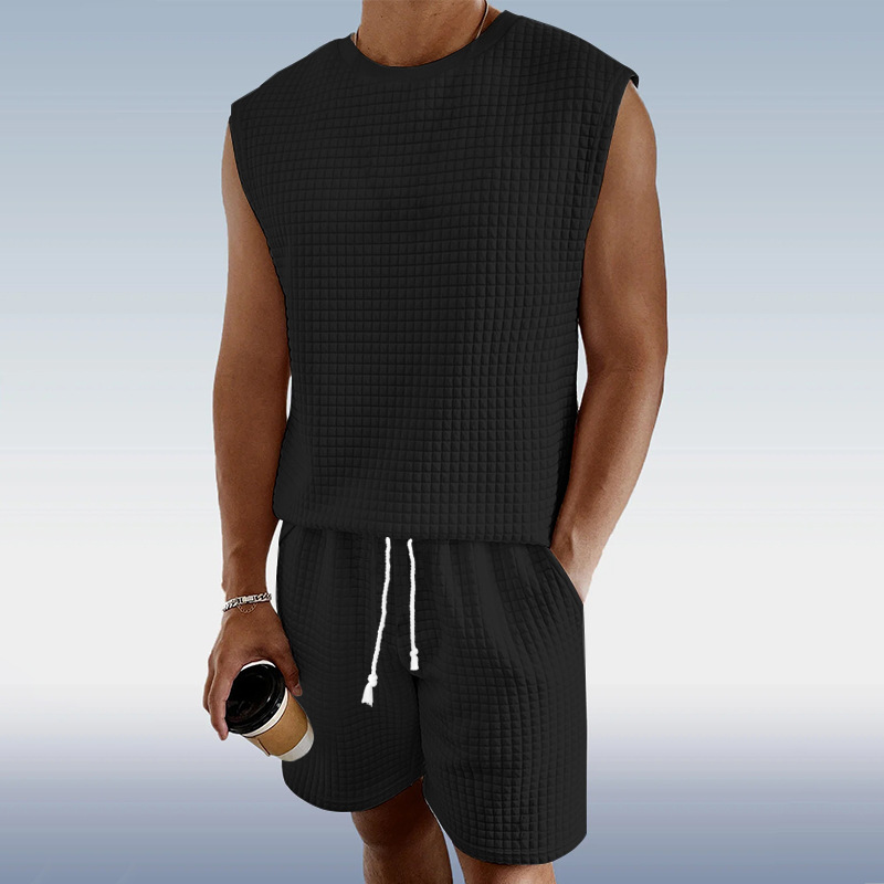 Men's Sports Suit For Summer Leisure Small Checkered Sleeveless Vest And Shorts Set New_voghion.com