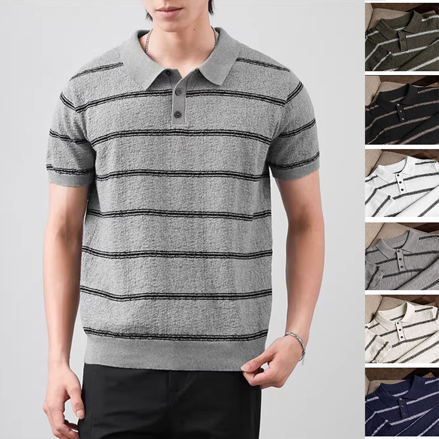 Polo camiseta de punto camiseta de manga corta hombre con solapa estriada textural vieja camiseta de hielo de verano fábrica transfronteriza al por mayor