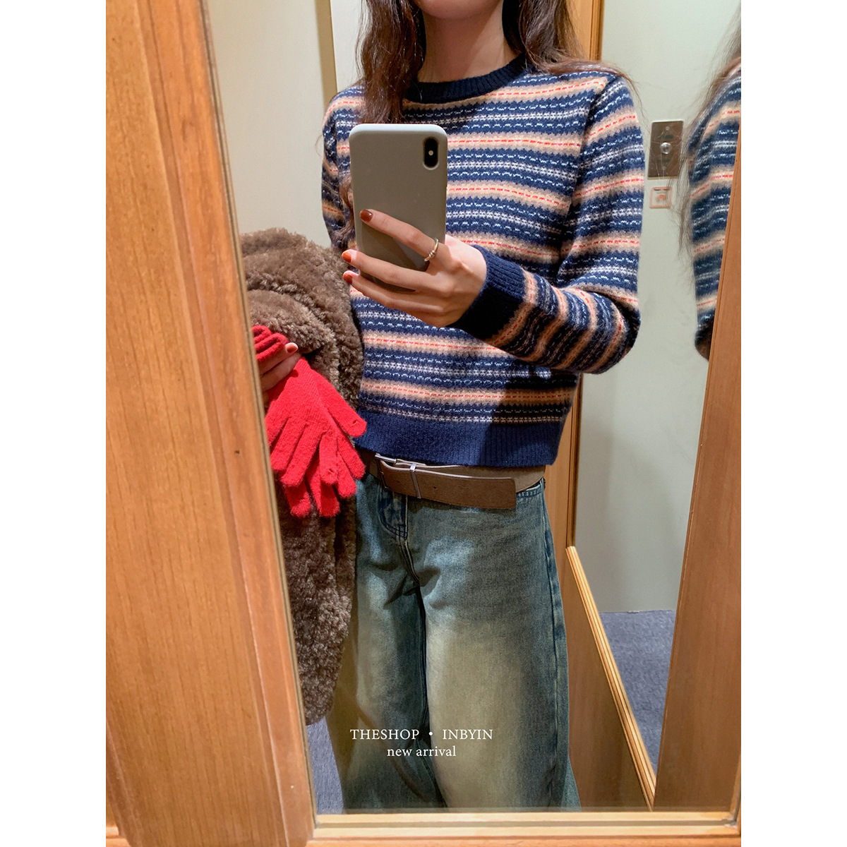 易恩欧inbyin复古撞色条纹长袖针织衫冬季女装小个子圆领套头毛衣