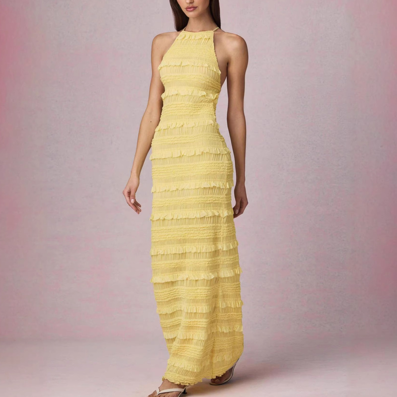 Cross-Border European and American Amazon 2026 Summer New Sexy Ruffled Lace Backless Halter Tie-Up Maxi Dress Cross-Border European and American Amazon 2026 Summer New Sexy Ruffled Lace Backless Halter Tie-Up Maxi Dress