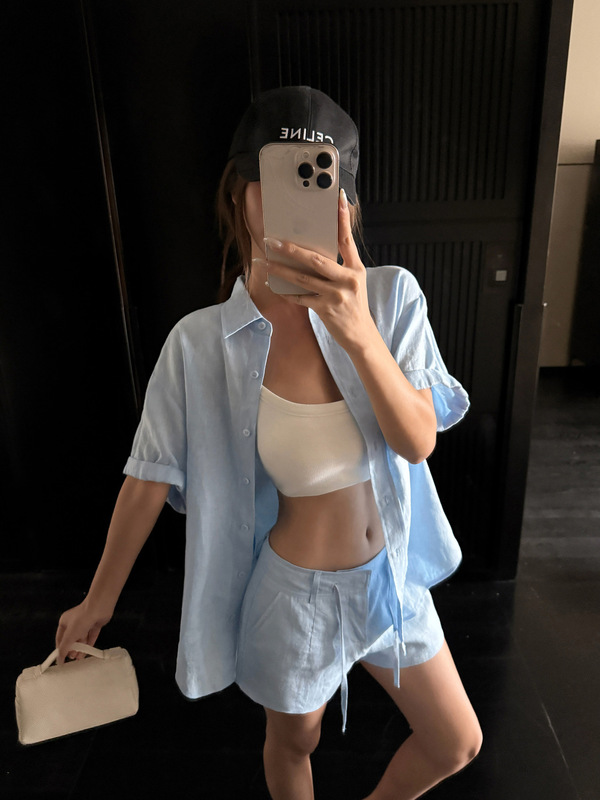 NEVA HU 苎麻衬衫三件套装女慵懒松弛感宽松长袖衬衣阔腿短裤长裤|undefined