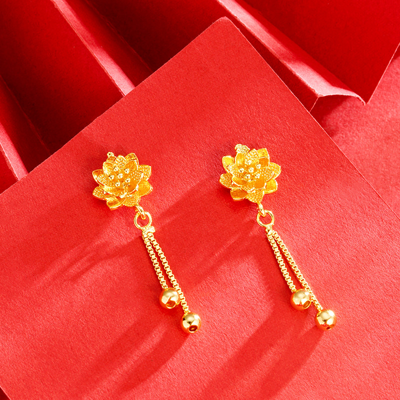 Pendientes de camelia de estilo antiguo Pendientes de verano de alta calidad para niñas con borlas Pendientes de oro de arena vietnamita que no se desvanecen durante mucho tiempo
