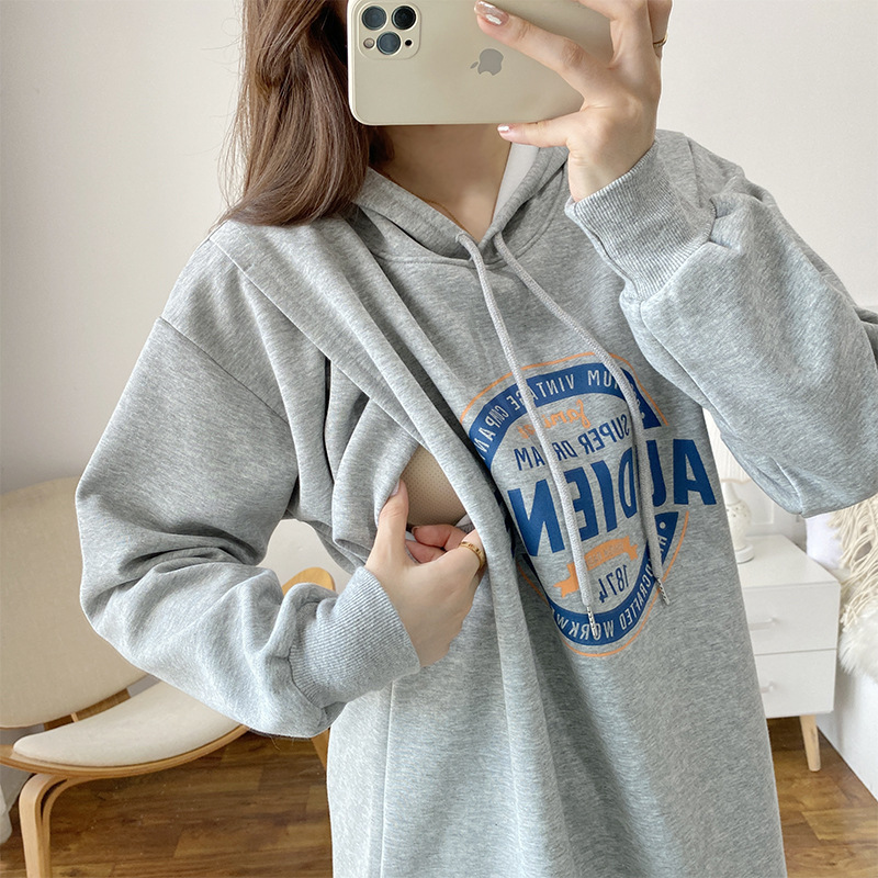 Breastfeeding Sweater Dress Autumn and Winter Hot Mom Loose Pregnant Women's Spring and Autumn Women's Hooded Clothes for Going Out to Wear Breastfeeding Clothes