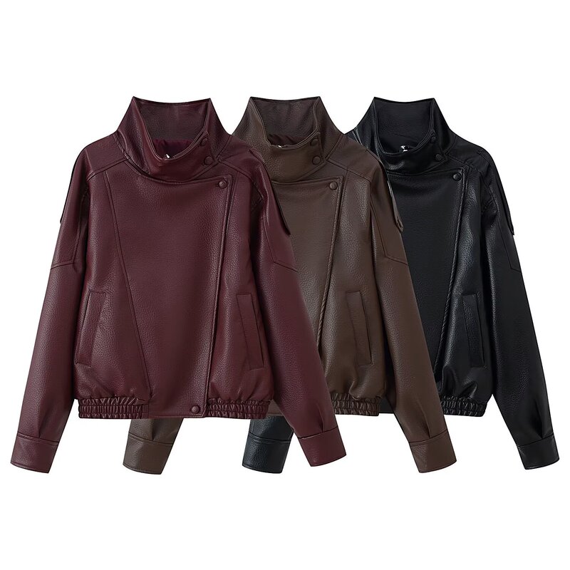 Amazon Wholesale New Autum Women's Versatile Stand-Up Collar Zipper Long-Sleeved Leather Jacket Jacket 4391872