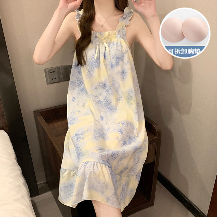 2024 verano esling vestido de pijama chica tejido nubes de algodón cojín de pecho lindo dulce se puede usar vestido largo ropa para el hogar