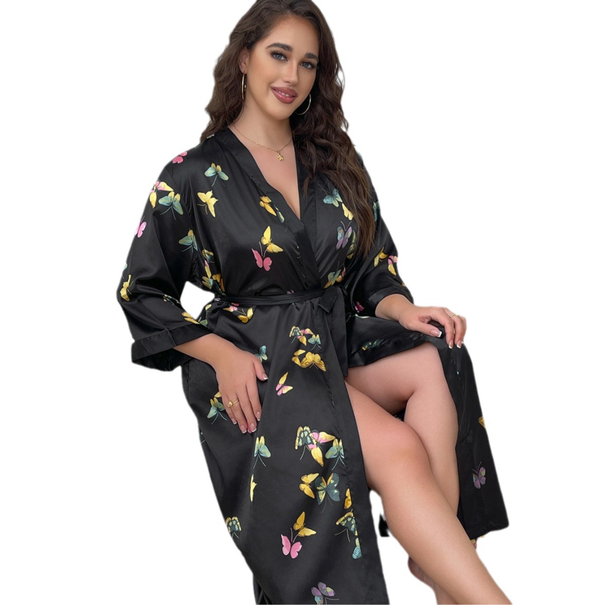 GraceChic Cross-Borr Plus Size Damen-Nachthemd mit Schmetterlingsmuster aus Satin, lässig, bequem, weich, locker, für Zuhause, tragbar_voghion.com