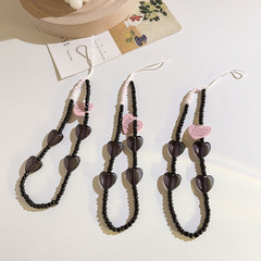 復古ins黑色珠珠鏈條愛心掛牌手腕帶通用手機殼diy手機掛繩耳機套