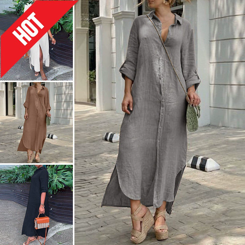 Новый 2024 летний независимый вокзал AliExpress, европейская и американская женская хлопчатобумажная рубашка с пуговицами и длинными юбками оптом