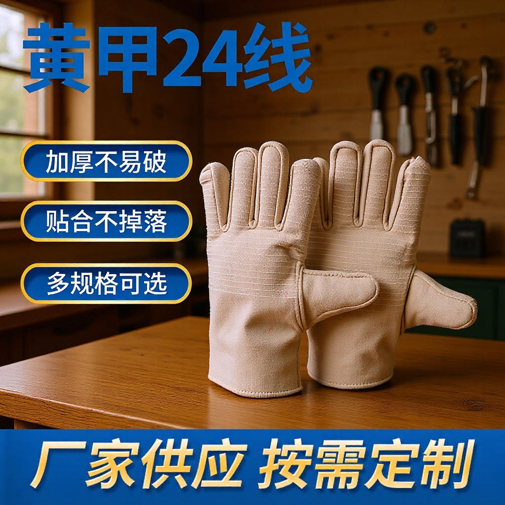 双层全衬黄甲24道线偏指帆布手套 加厚耐低温劳保电焊手套防护手