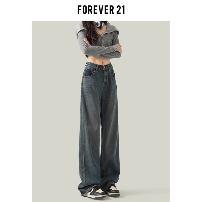 Forever 21 Cement Gray Straight Jeans for Women 2025 New Retro Hong Kong Style Slim and Drapedy Wide Leg Pants