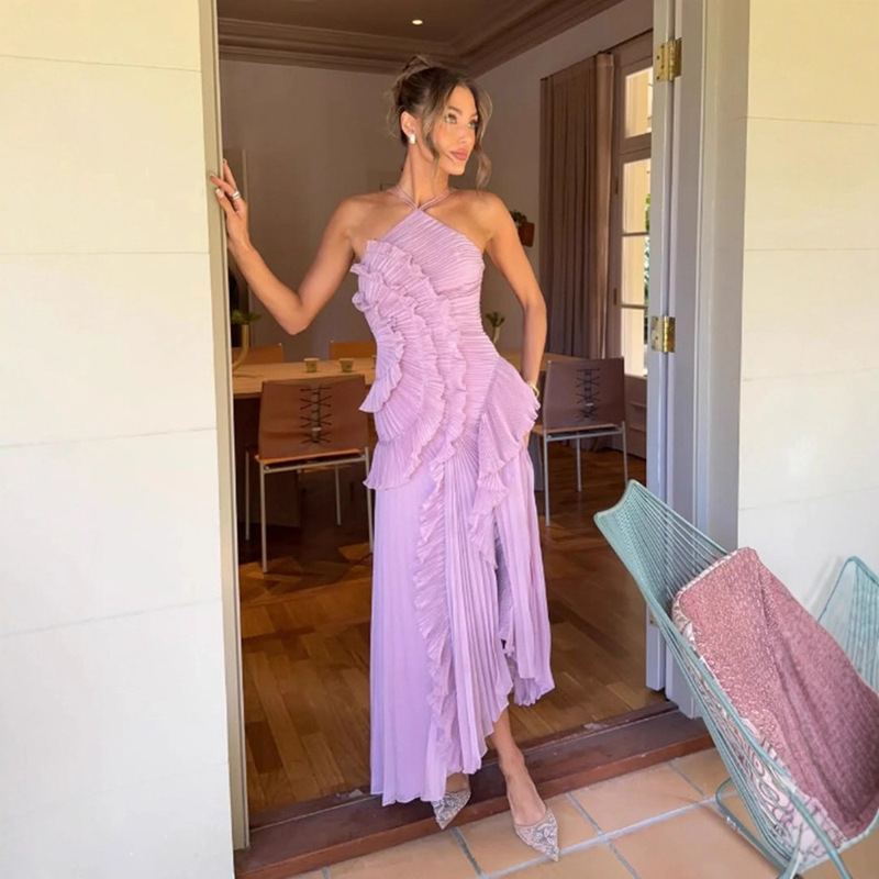 Cross-Border Foreign Trade European and American Clothing Amazon 2025 Summer Fashion Pleated Halterneck Sexy Tube Top Backless Dress