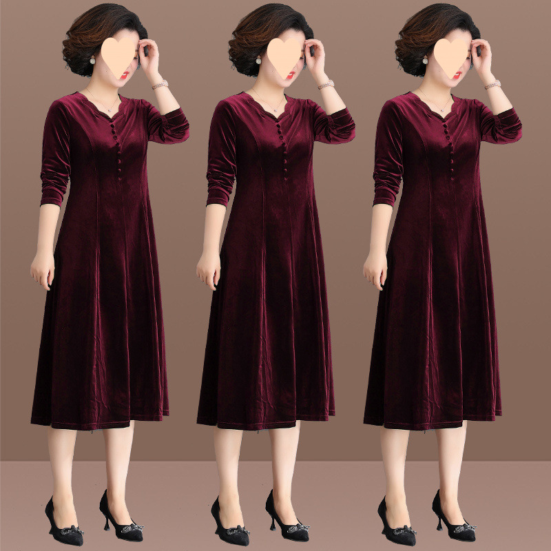 妈妈秋装连衣裙中年金丝绒喜婆婆婚礼服中老年女春秋长袖打底裙子