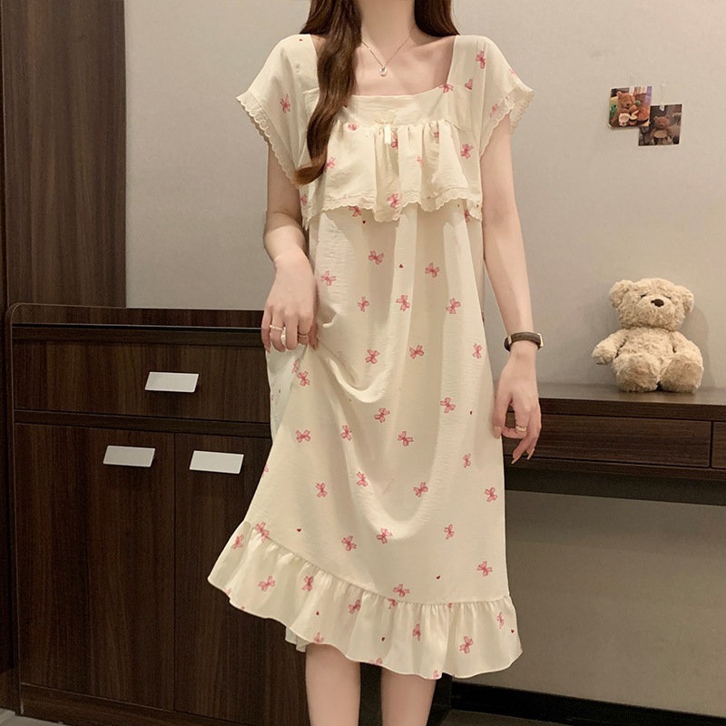 女性のためのナイトガウン夏半袖クラウドコットンラブスウィートガール 2025 新しい夏薄い女性のパジャマドレス|undefined