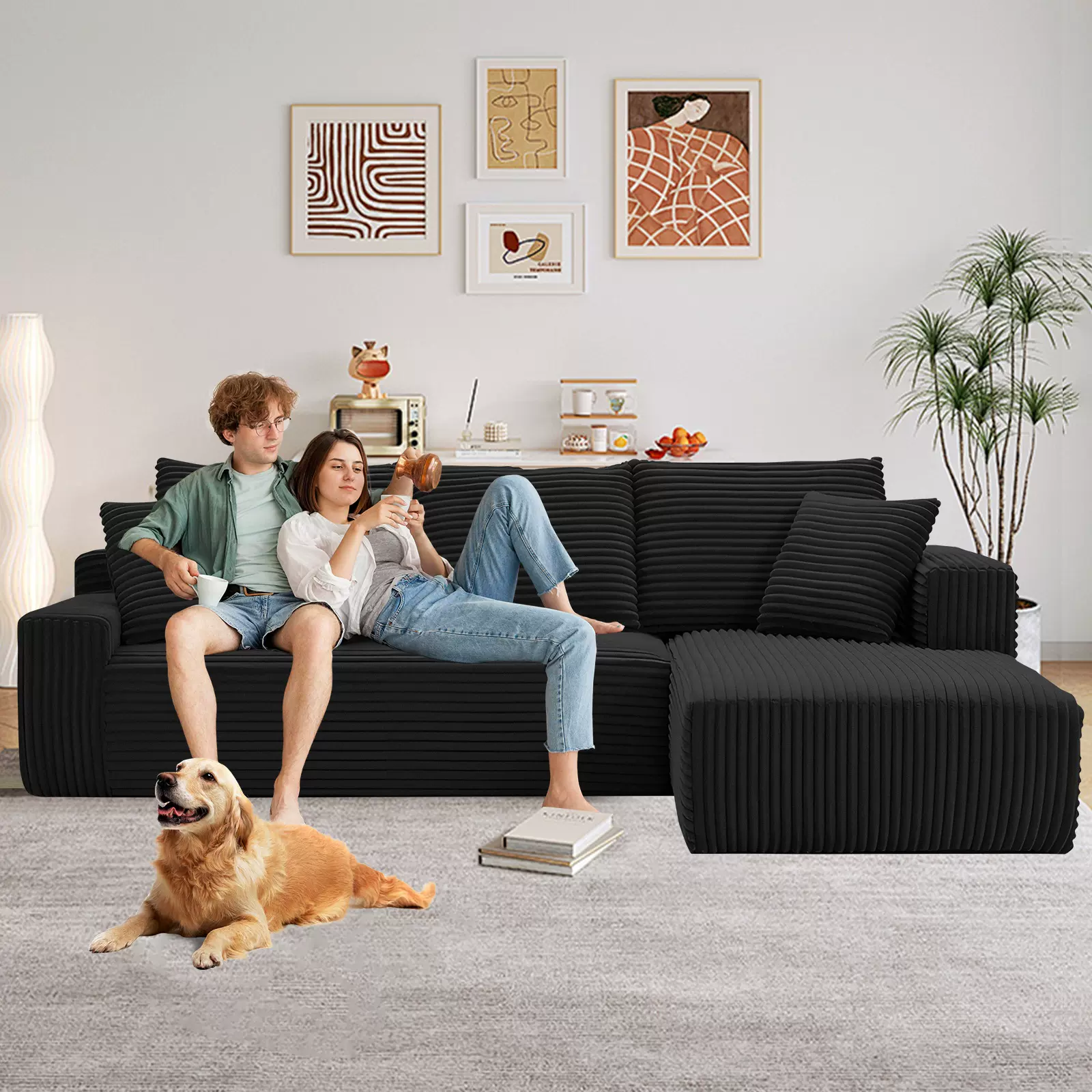 跨境真空L型压缩沙发高回弹免安装客厅家用黑色灯芯绒粗条纹布艺