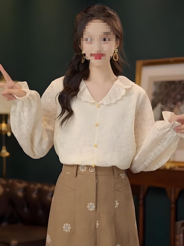 温柔风时尚长袖衬衫女早秋新款气质蕾丝钩花上衣好看漂亮宽松小衫|undefined