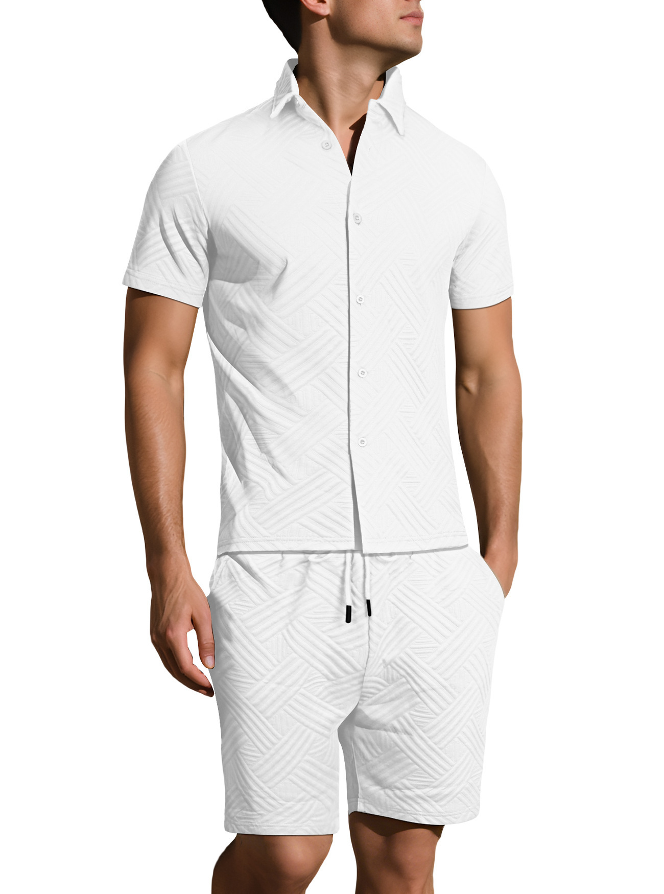 Oferta de verano transfronteriza de Amazon: Nuevo conjunto de dos piezas para hombre, camisa jacquard de color sólido y pantalones cortos casuales de manga corta.