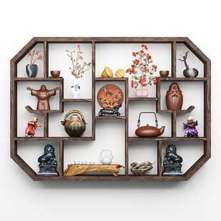 Solid Wood Chinese-Style Wall-Mounted Shelf, Partition Multi-Treasure Cabinet Grid Rack Ornament, Simple Tea Set Rack
