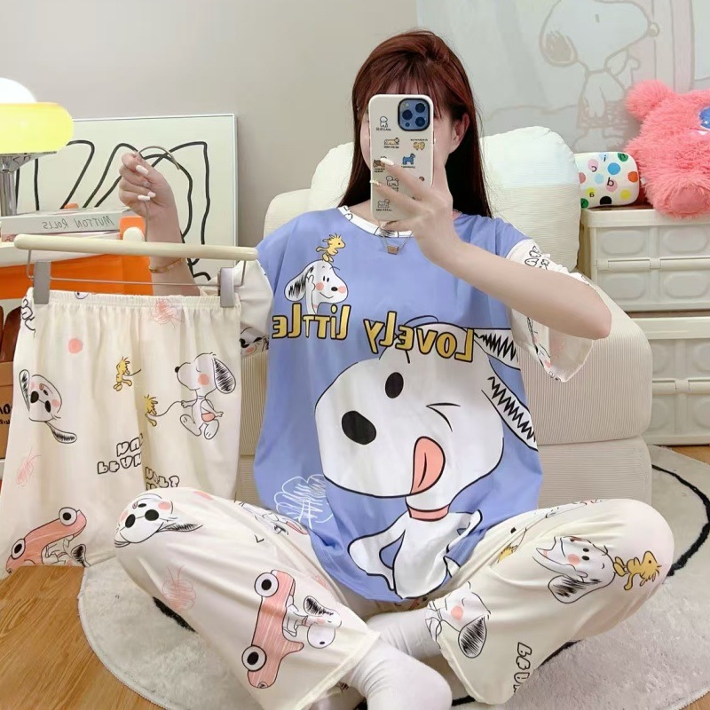 Pijamas de verano transfronterizos pijamas de leche de seda de tres piezas set de dibujos animados comercio exterior ropa para el hogar pantalones de mangas cortas lindos