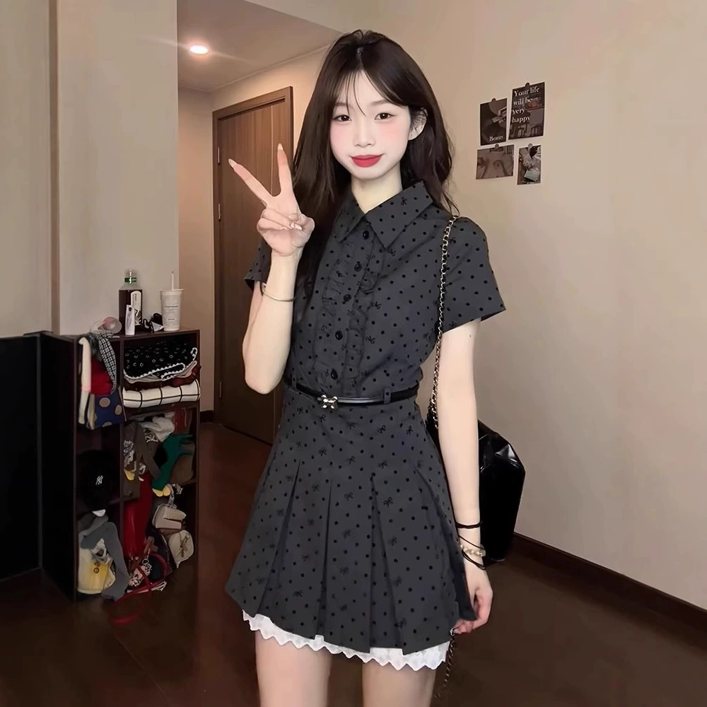 Корейское ретро-платье из двух частей в горошек с короткими рукавами для женщин в весеннем стиле преппи с утягивающей талией, юбка А-силуэта