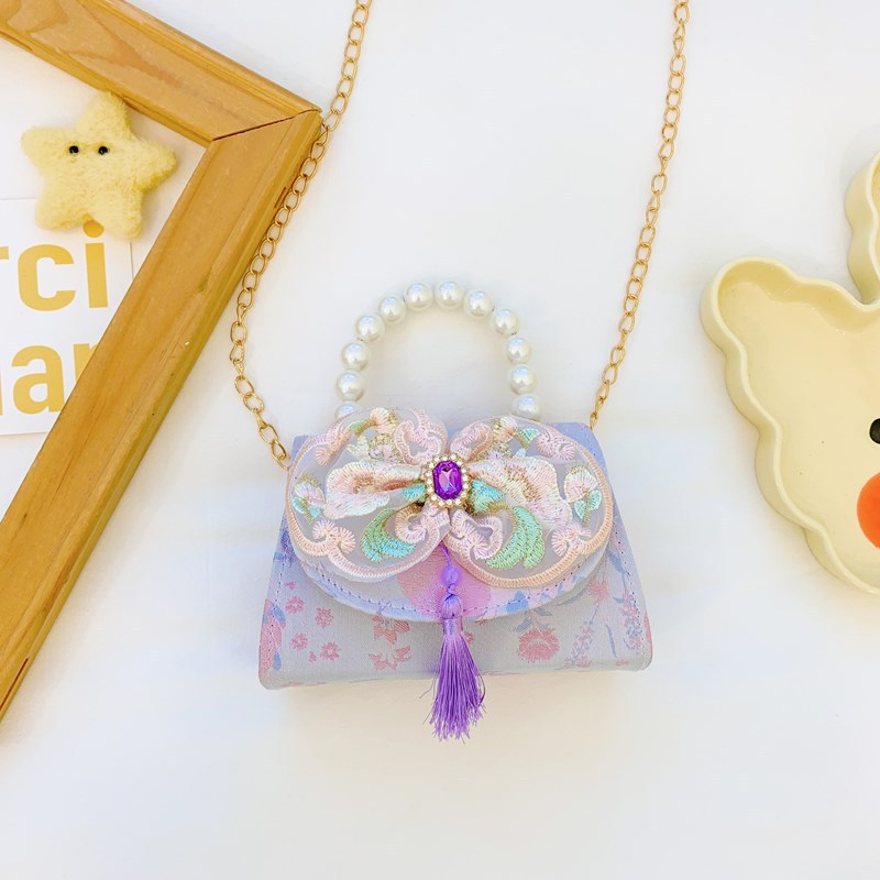 Hermoso bolso de arco de perla para niños nuevo estilo antiguo bolso de borda estilo chino colorido bolso de hombro con diamantes